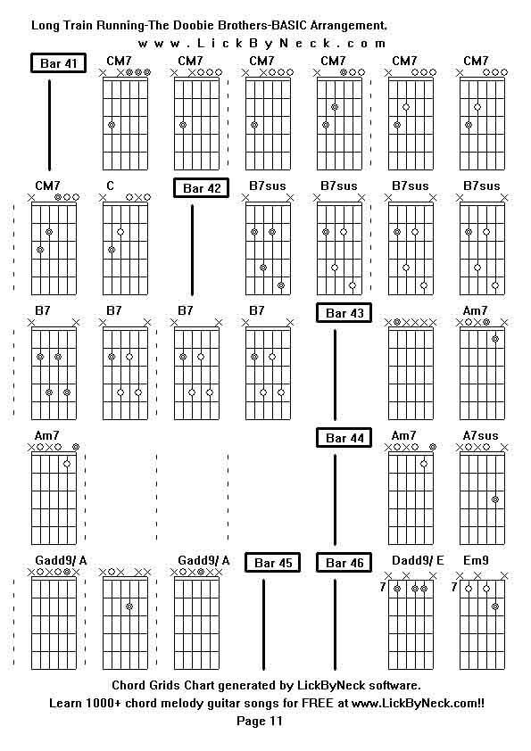 Chord Grids Chart of chord melody fingerstyle guitar song-Long Train Running-The Doobie Brothers-BASIC Arrangement,generated by LickByNeck software.